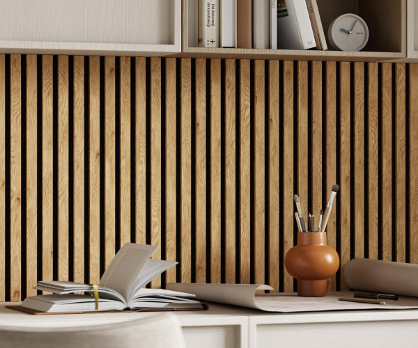 Акустическая панель, черный войлок, 2750х600х19мм, рейки МДФ дуб Медный